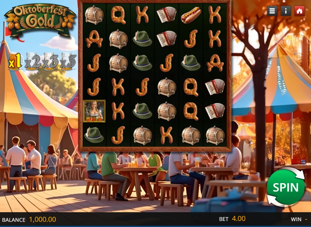 Oktoberfest Gold slot machine base game screen with the 5x6 cluster pays grid.