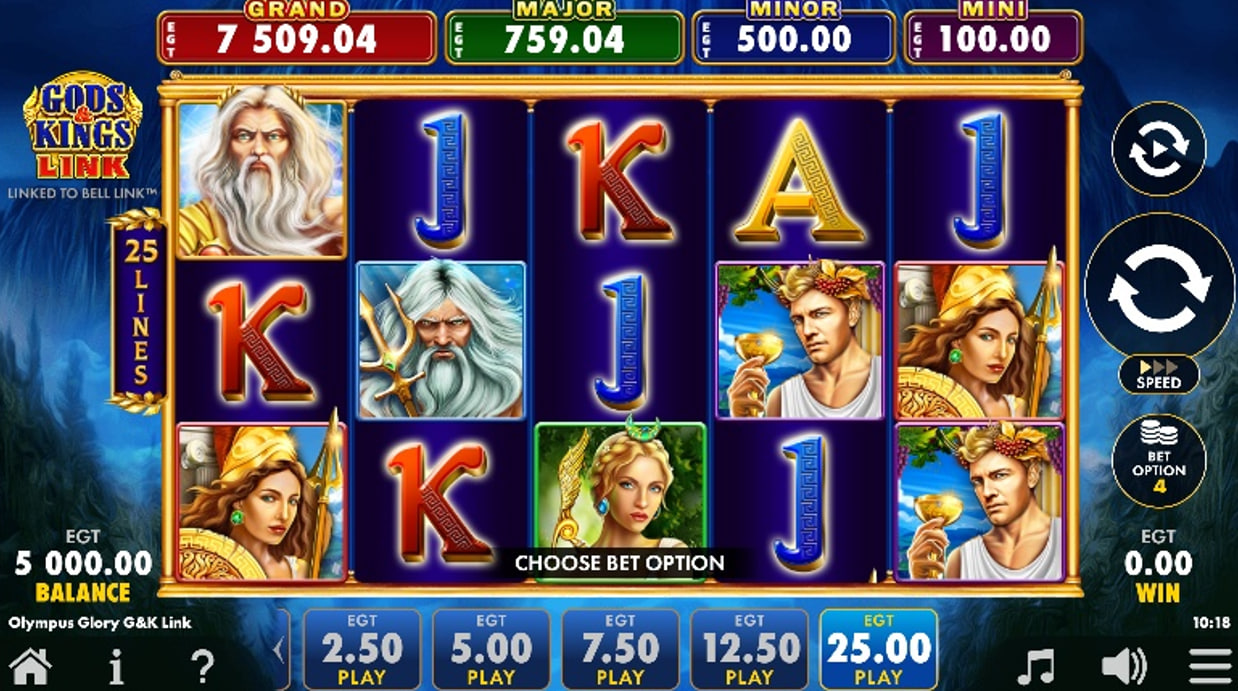 The main 5x4 game grid of the Olympus Glory slot, showcasing the Greek god symbols and jackpot tickers.