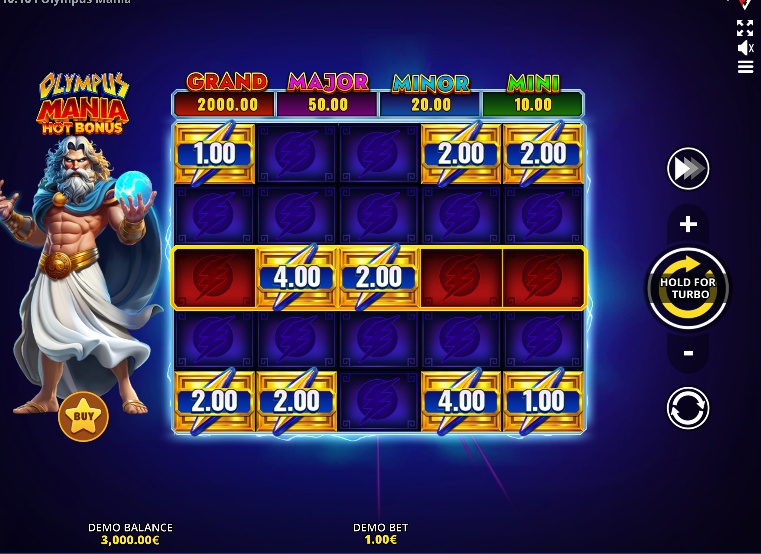 The main game screen of the Olympus Mania slot demo, showing sticky bonus symbols locked on the 5x4 grid.
