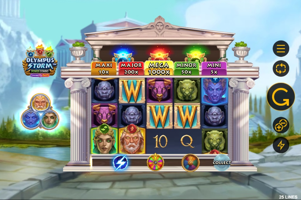 The main 5x3 game grid of the Olympus Storm Connectify Pays Power Combo demo, showing the five fixed jackpots above the reels.