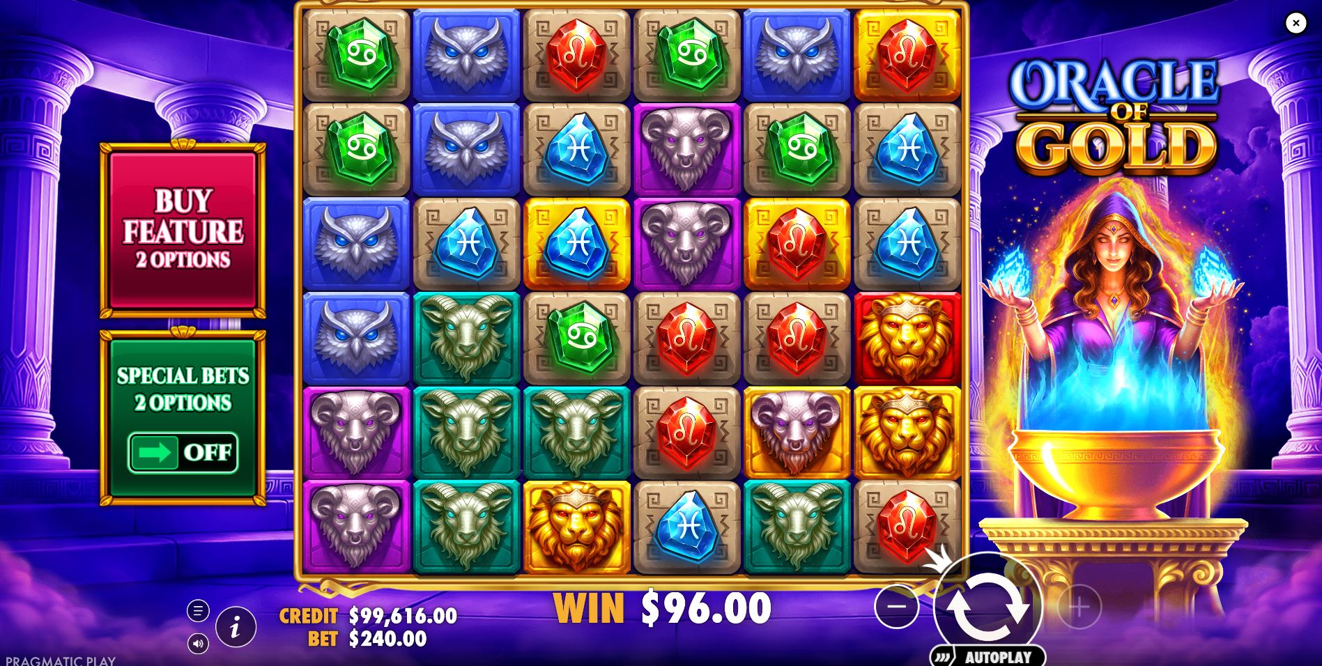 The main game grid of Oracle of Gold slot, showing the 6x6 layout with mystical animal and zodiac symbols.