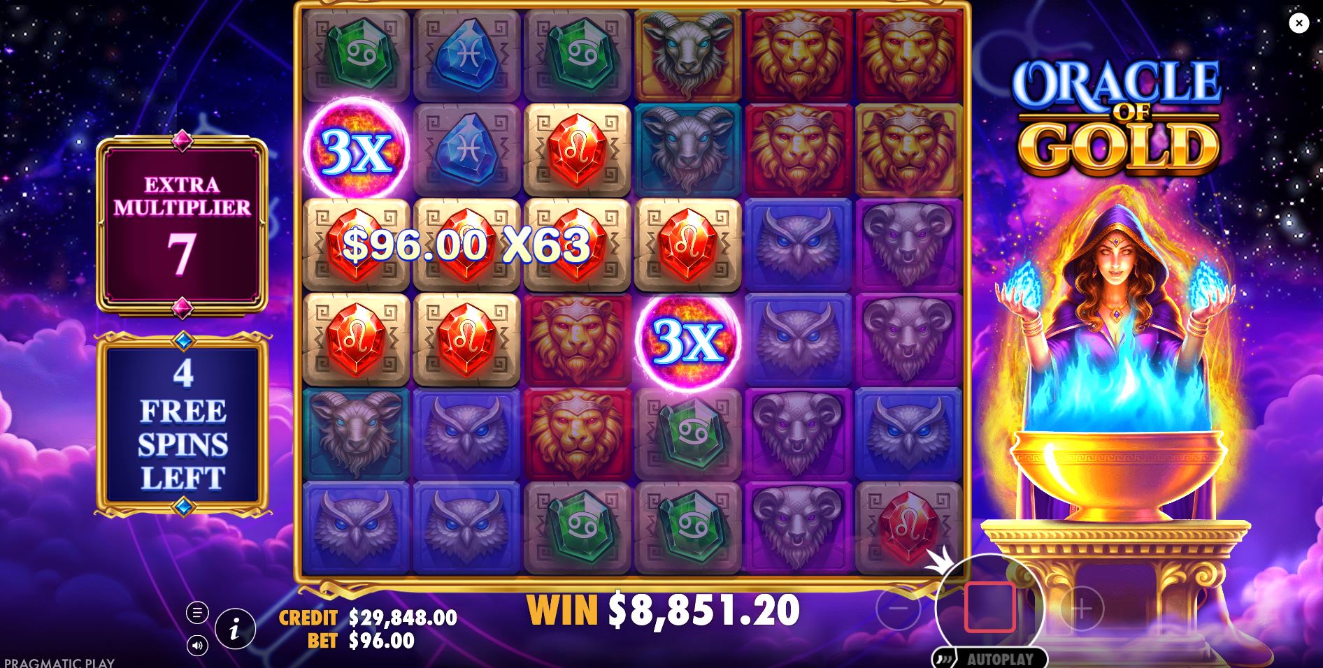 A sensational win during the Oracle of Gold free spins, with a large progressive global multiplier and several active wild multipliers on screen.