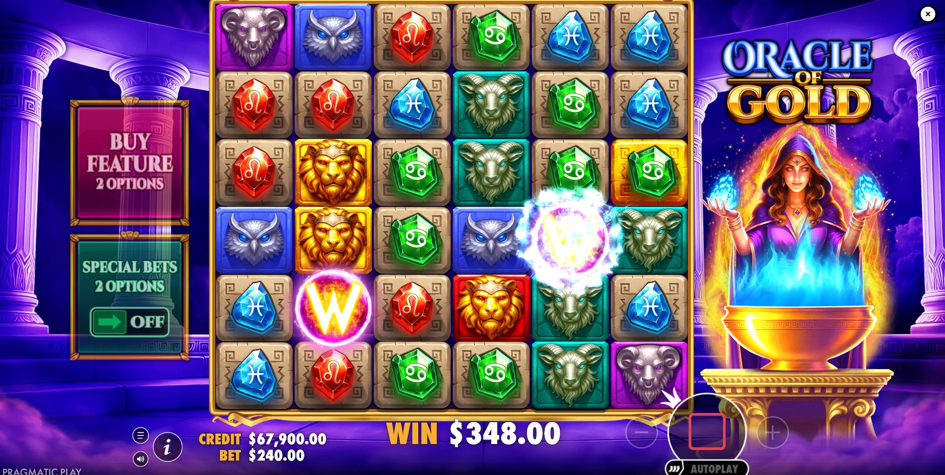 A Multiplier Wild symbol appears on the grid after a golden symbol was part of a winning cluster in the Oracle of Gold slot demo.