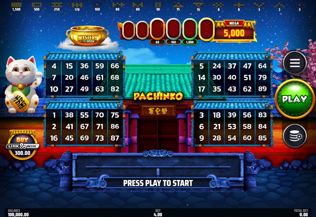 Main game screen of Pachinko Mystery Link&Win demo, showing the 4 bingo cards and Maneki Neko cat.