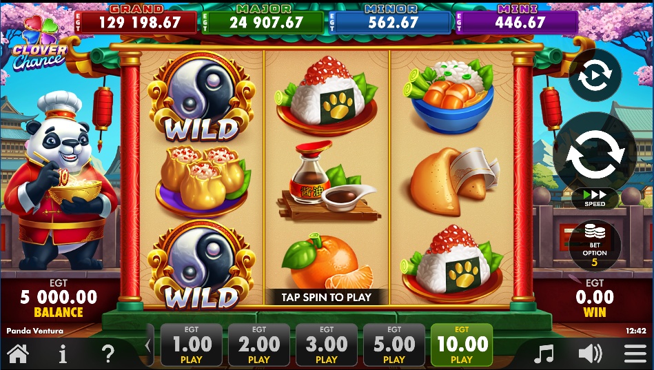 The main 5x3 reel layout of the Panda Ventura slot, showing the panda chef character and the four progressive jackpot totals.