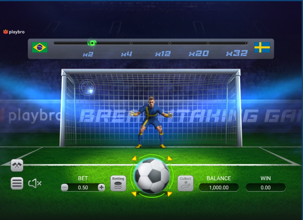 The main game screen of Penalty Rush demo, showing the goalkeeper ready in the goal before the first kick.