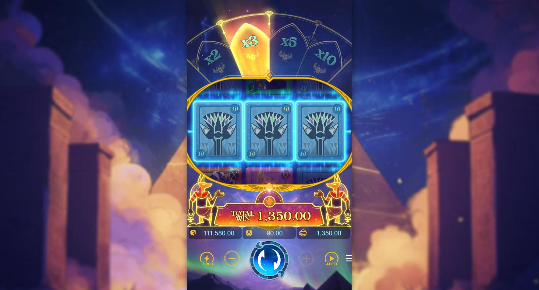 The Multiplier Feature activating in the Pharaoh Royals slot, with a glowing x3 multiplier selected above the reels before a win.