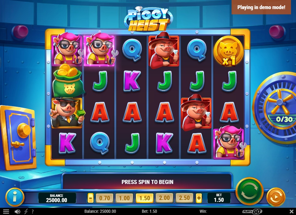 The main 5x4 game grid of the Piggy Heist slot demo, showing the pig characters and the Vault Meter.