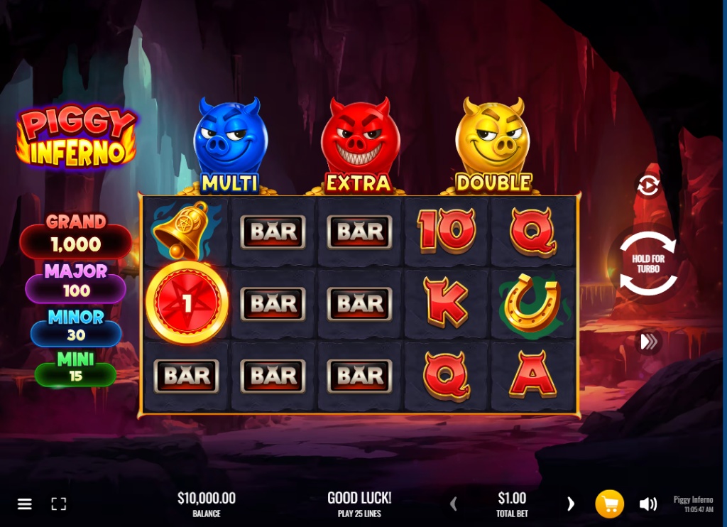 Piggy Inferno slot base game interface showing the 5x3 reels and the three pig modifiers on top.