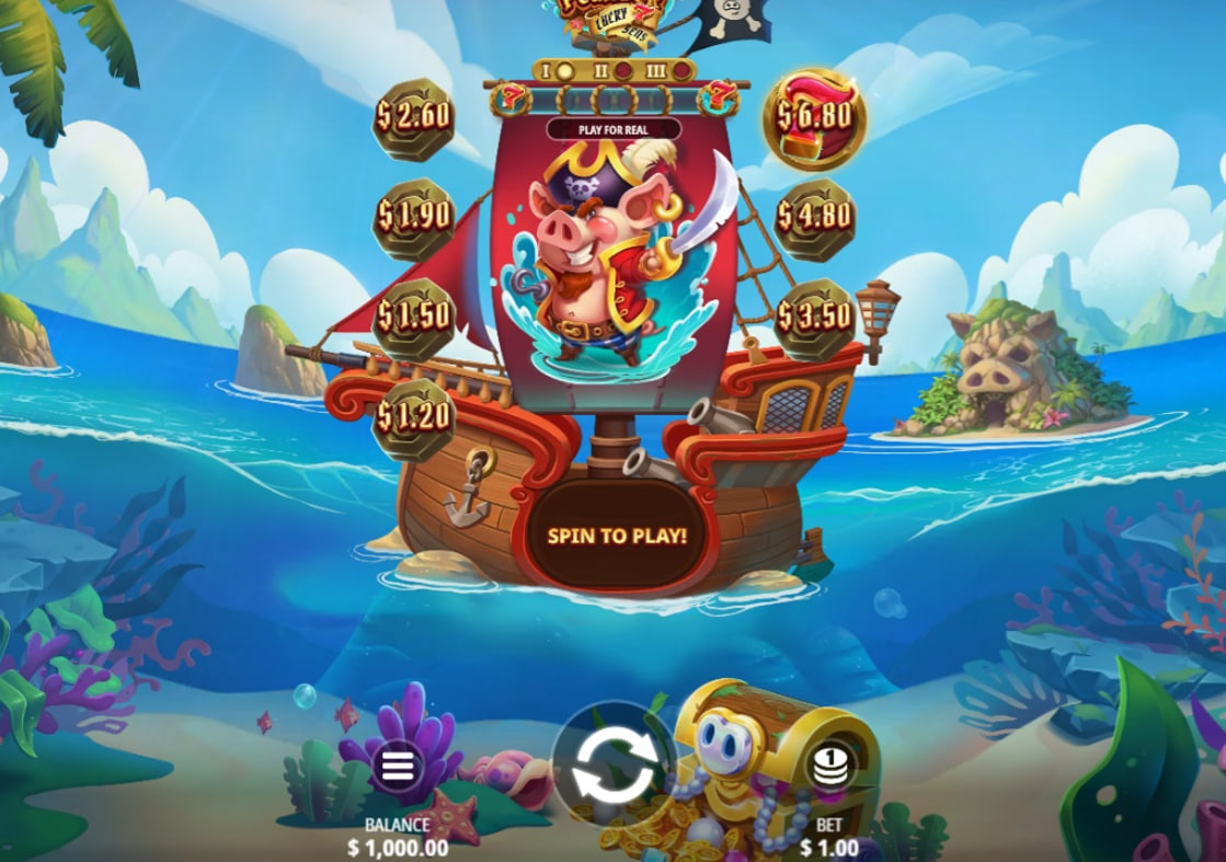 The main game interface of the Piggy Plunder Lucky 7 Seas slot, showing the pirate pig character and the single reel.