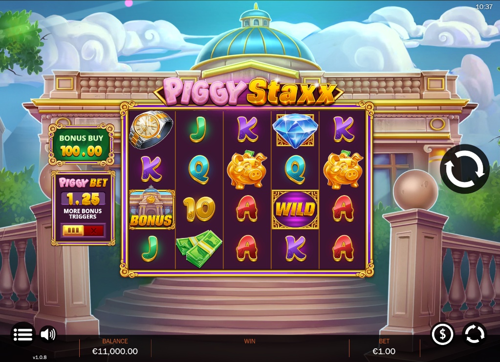 The main 5x4 game grid of the Piggy Staxx slot, showing the luxurious symbols and opulent background design.