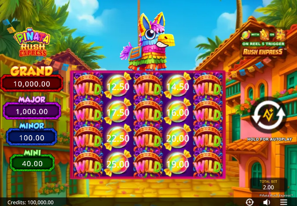 The 5x4 game grid of the Piñata Rush Express slot, set against a festive Mexican town background.