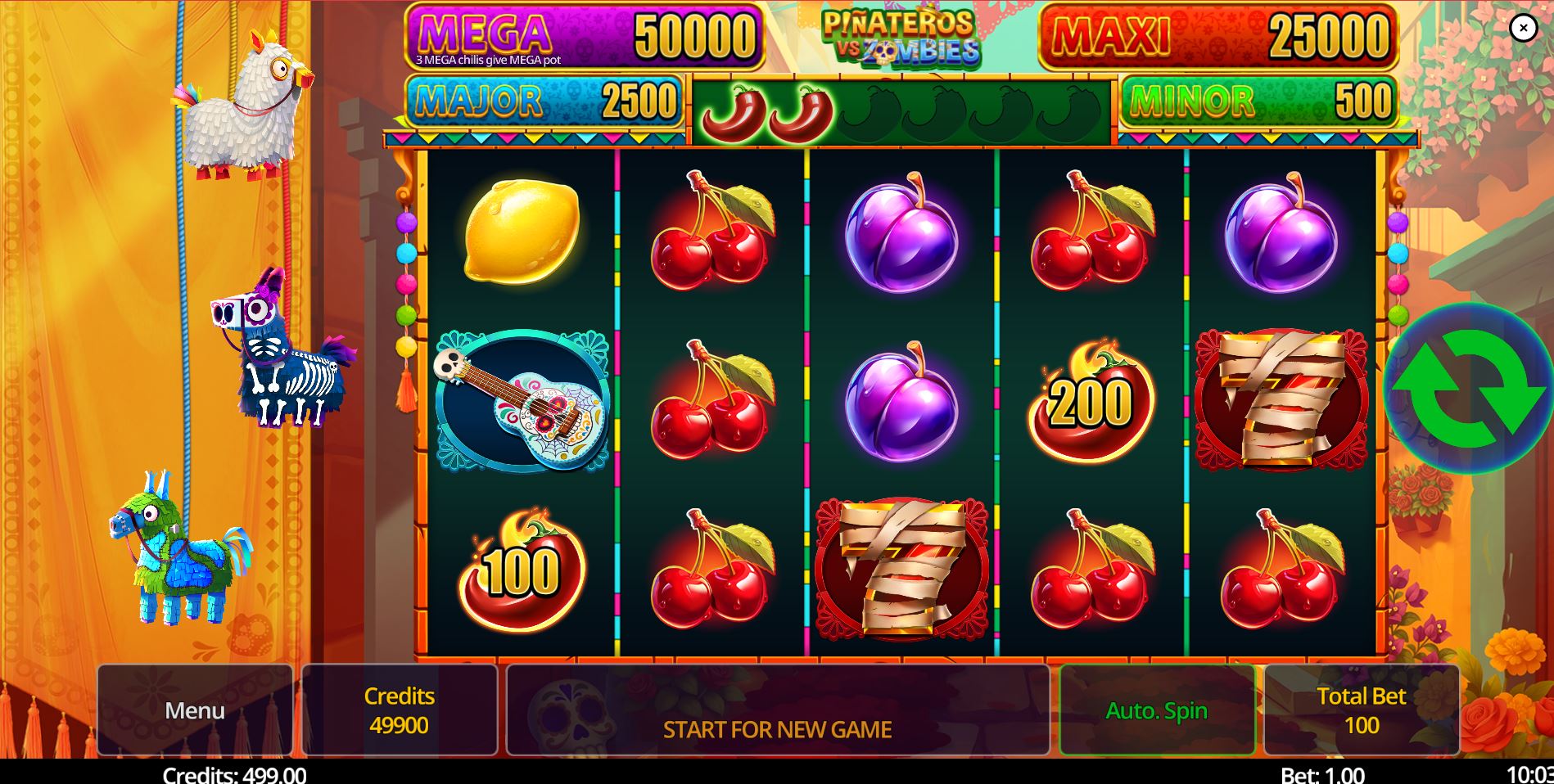 The main 5x4 game grid of the Piñateros Vs Zombies slot, showcasing the colorful zombie piñata and fruit symbols.