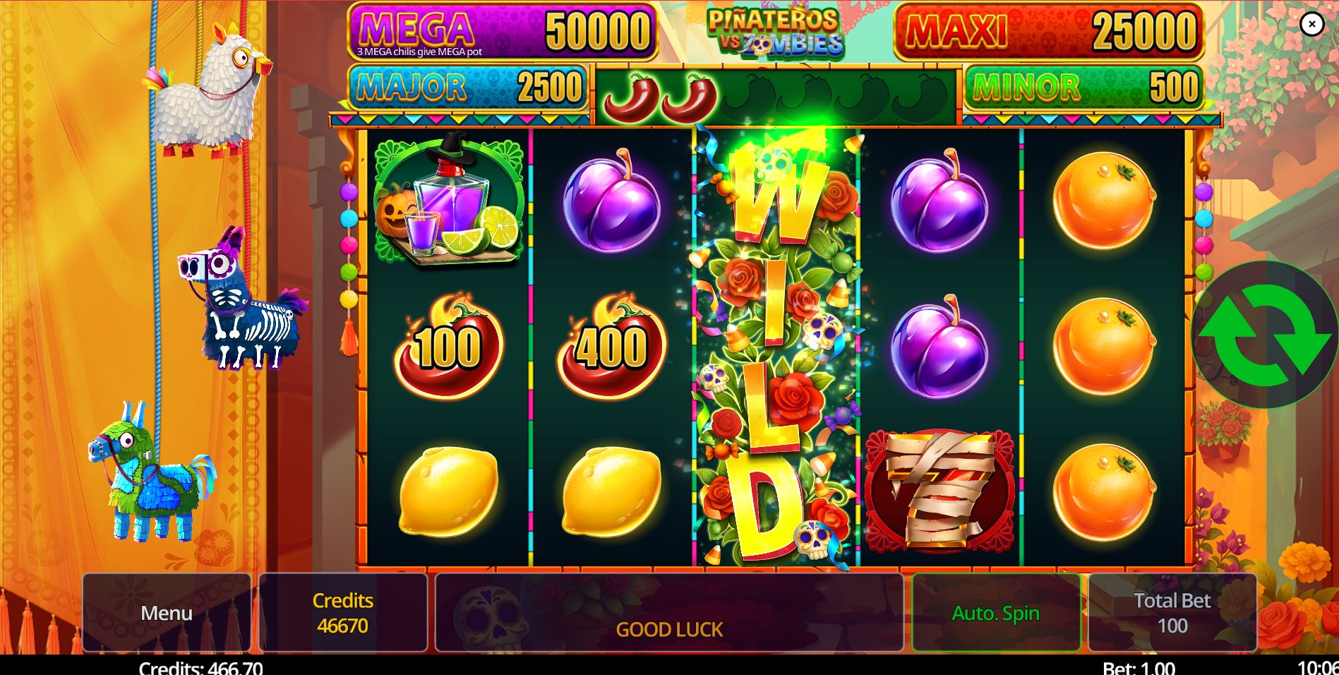 An expanding Wild Rose symbol covering the third reel in the Piñateros Vs Zombies slot, creating potential winning lines.