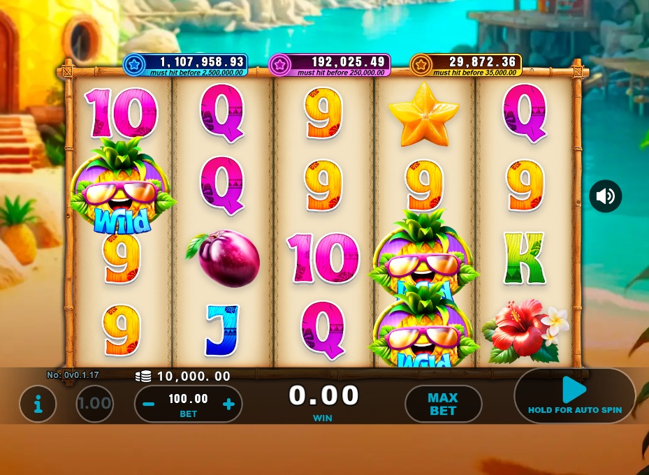The main 5x3 reel layout of the Pineapple Paradise slot game, showing tropical symbols against a beach background.