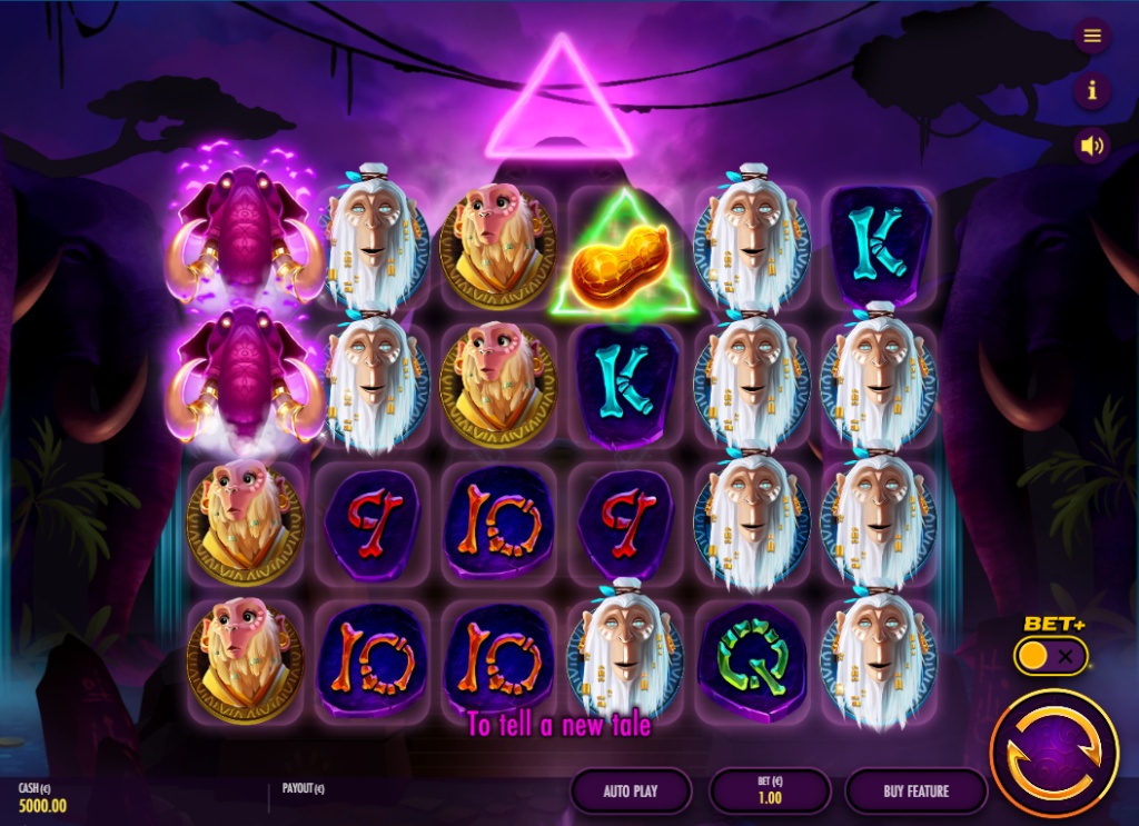 The 6x4 reel layout of the Pink Elephants Trinity slot in the base game, showing the main symbols and psychedelic jungle background.