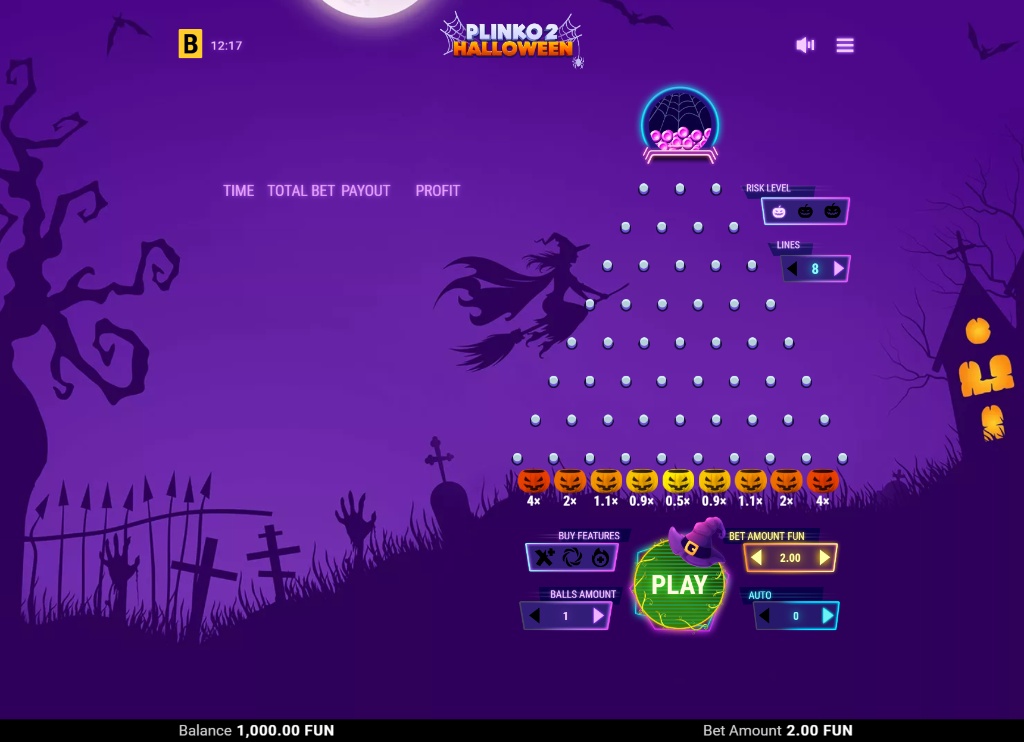 The main game board of Plinko 2 Halloween, showing the 8-line pyramid, multiplier slots, and spooky background theme.