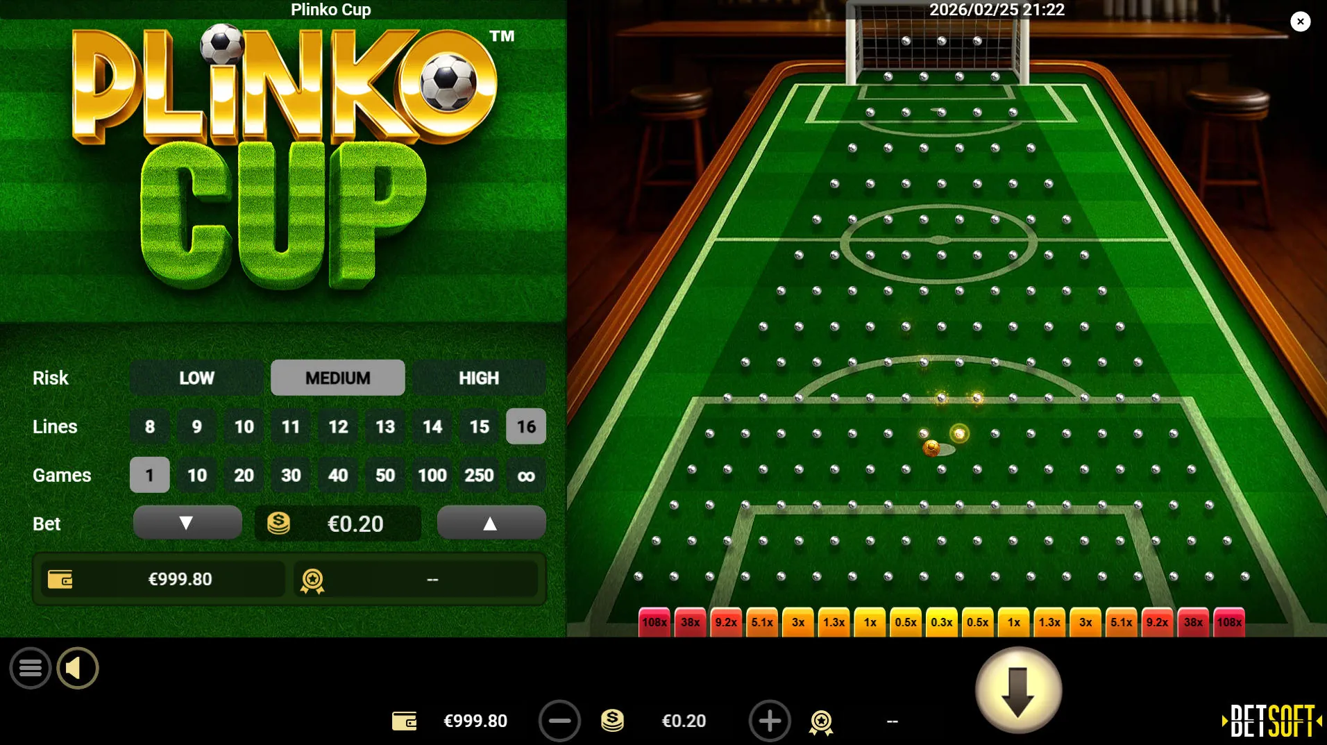Football-themed ball dropping through the Plinko Cup pegboard set against a green stadium pitch background.