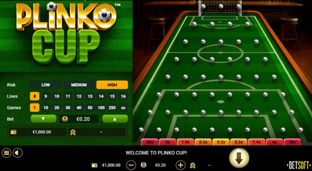 The main game board of Plinko Cup, showing the soccer field theme, the control panel, and the pyramid of pins before a ball is dropped.