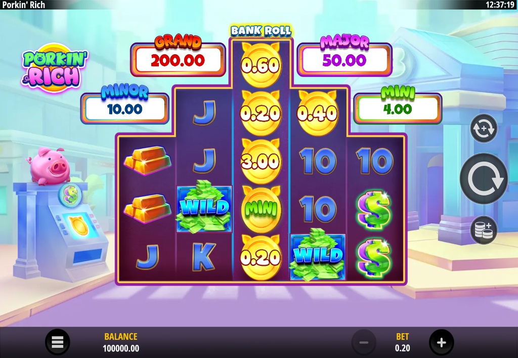 Porkin' Rich slot base game view, showing the 3-4-5-4-3 reel layout and fixed jackpots.