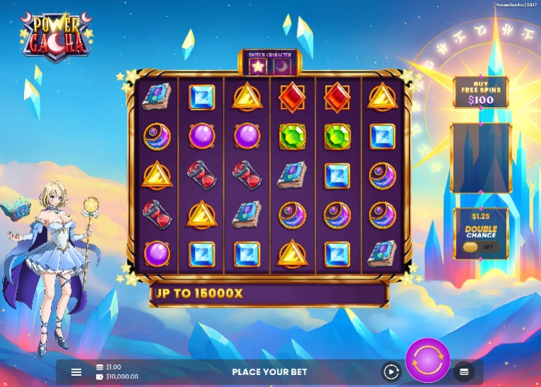 The 6x5 game grid of the Power Gacha slot demo, featuring the anime character protagonist and various gem symbols.