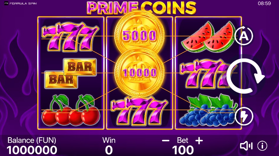 The 3x3 reel layout of the Prime Coins slot by Formula Spin, showing classic fruit and 7 symbols on the grid.