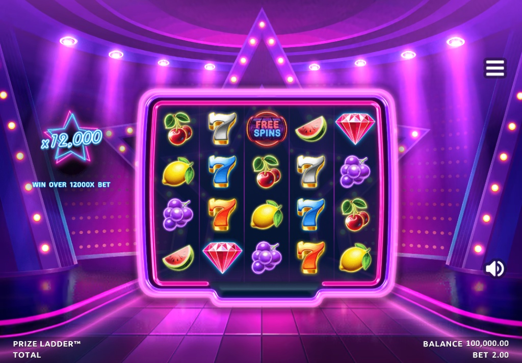Prize Ladder slot base game screen, showing the 5x3 reel layout and neon fruit symbols on a game show stage.