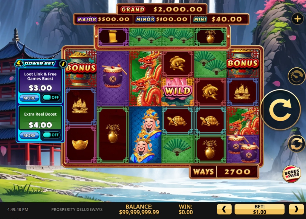 The main game board of the Prosperity DeluxeWays slot, showing the 6-reel layout and the horizontal 7th reel.