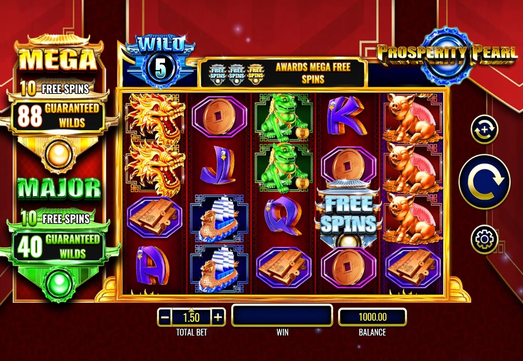 The base game screen of the Prosperity Pearl slot, showing the 5x4 grid and Asian-themed symbols with wild meters on the side.