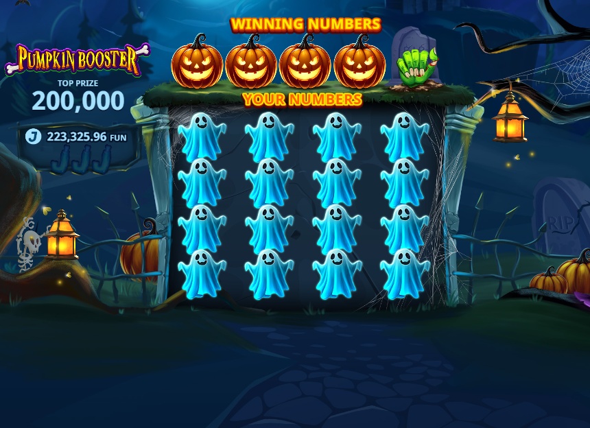 The main game screen of Pumpkin Booster, showing the four winning number pumpkins and the grid of twenty mystery ghosts.