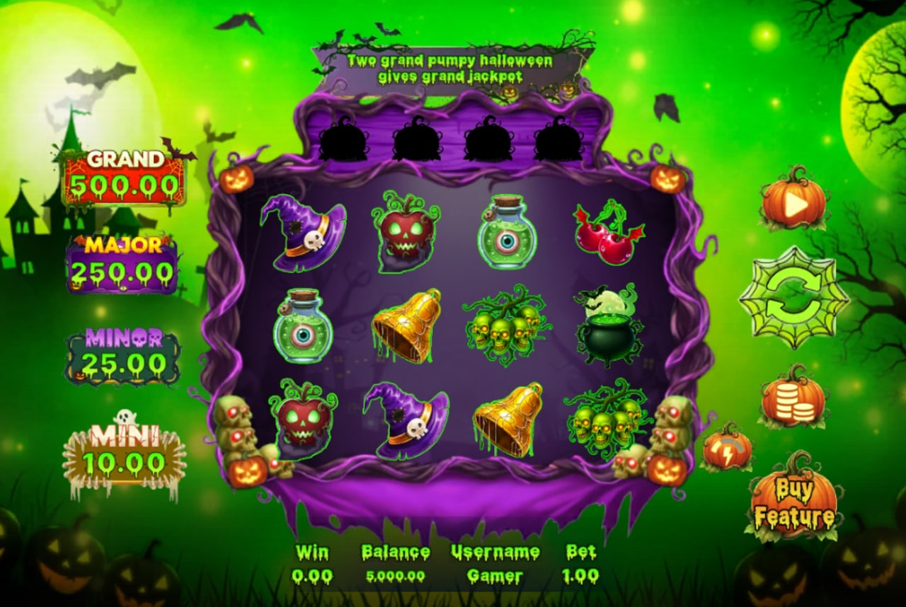 The main 5x3 reel layout of the Pumpy Halloween slot, showing various spooky symbols and the jackpot values on the left.