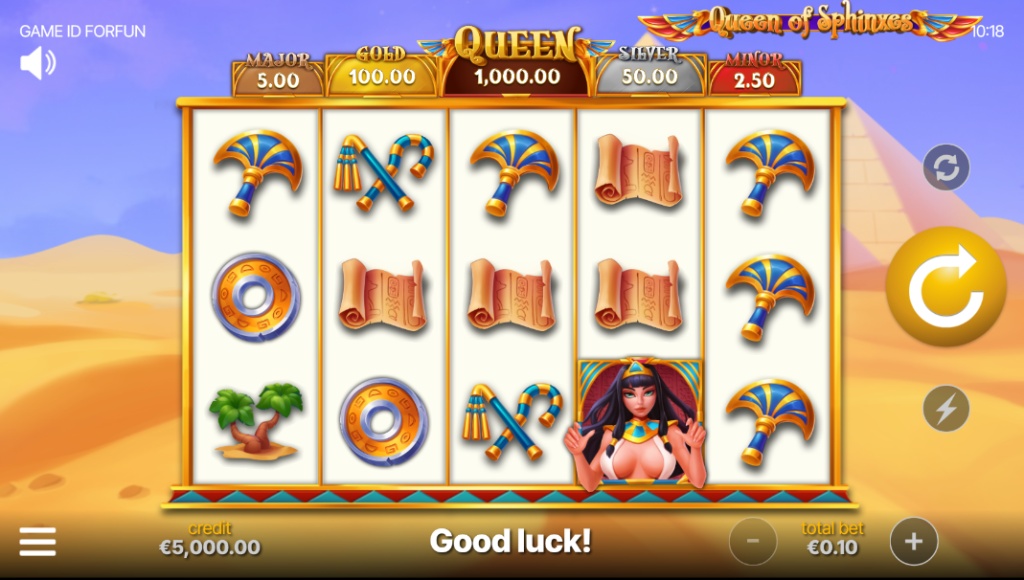 The 5x3 reel layout of the Queen of Sphinxes slot, showcasing the main game interface and Egyptian symbols.
