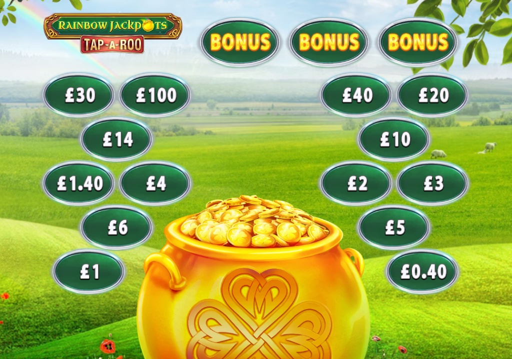 The main game screen of Rainbow Jackpots Tap-A-Roo, showing the pot of gold and various prize bubbles floating upwards.