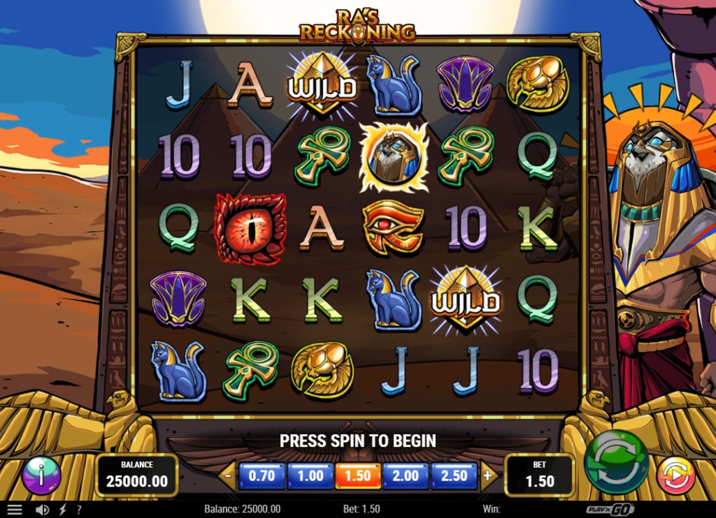 The main game grid of Ra's Reckoning slot, showing the 5x4 layout and Egyptian symbols before a spin.