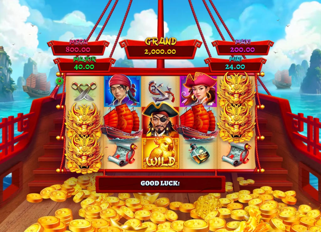 The main game screen of the Red Dragon Sails slot, showing the 5x3 reel layout and pirate symbols.