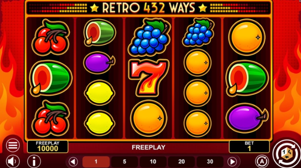 Main game screen of Retro 432 Ways slot showcasing the unique 3-2-3-2-3 reel layout and classic fruit symbols.