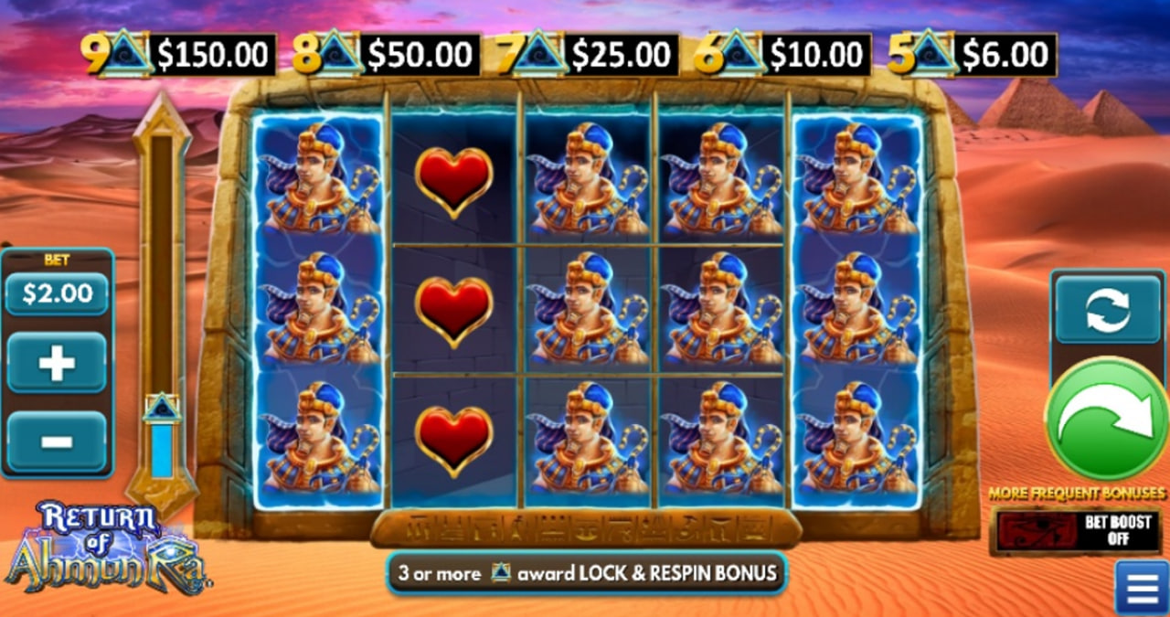 The 5x3 reel layout of the Return of Ahmun Ra slot, showing the Egyptian-themed symbols and the fixed prize ladder above.