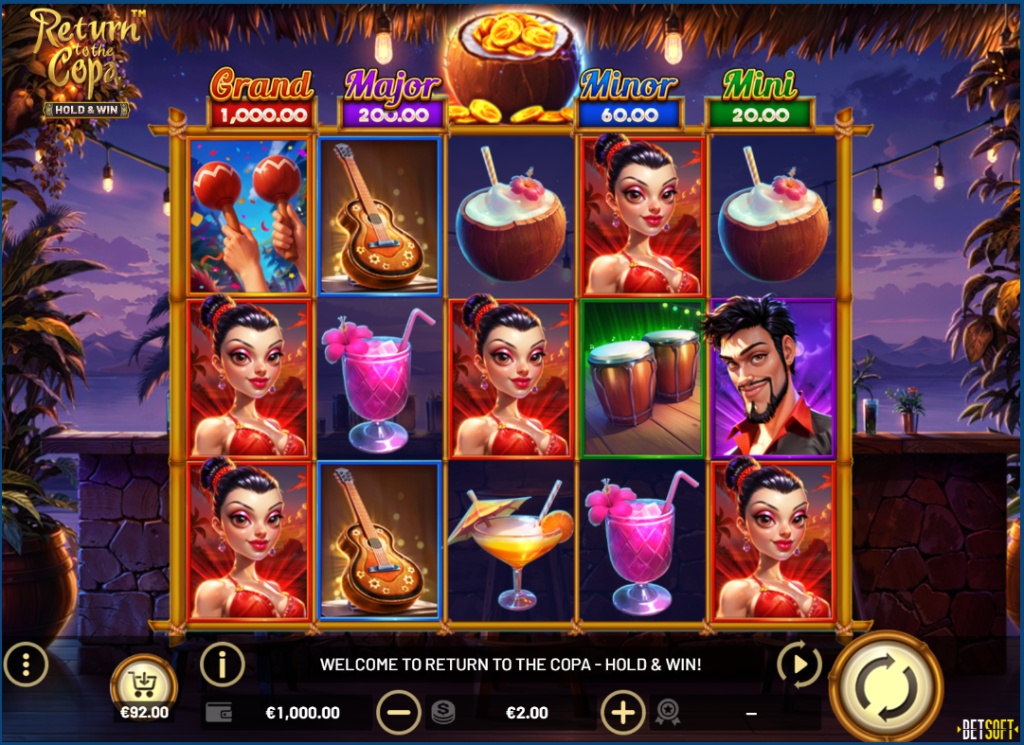 Main game screen of Return to the Copa - Hold & Win slot, showing the 5x4 reel layout and salsa-themed symbols.