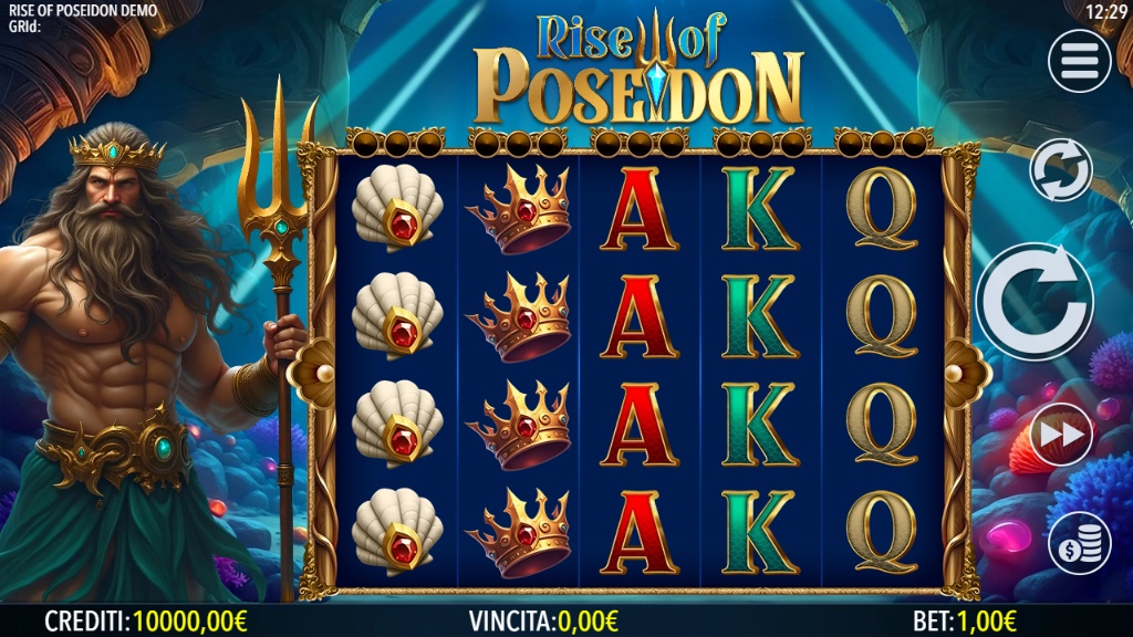 Main game screen of Rise of Poseidon slot showcasing the 5x4 grid and Poseidon character.