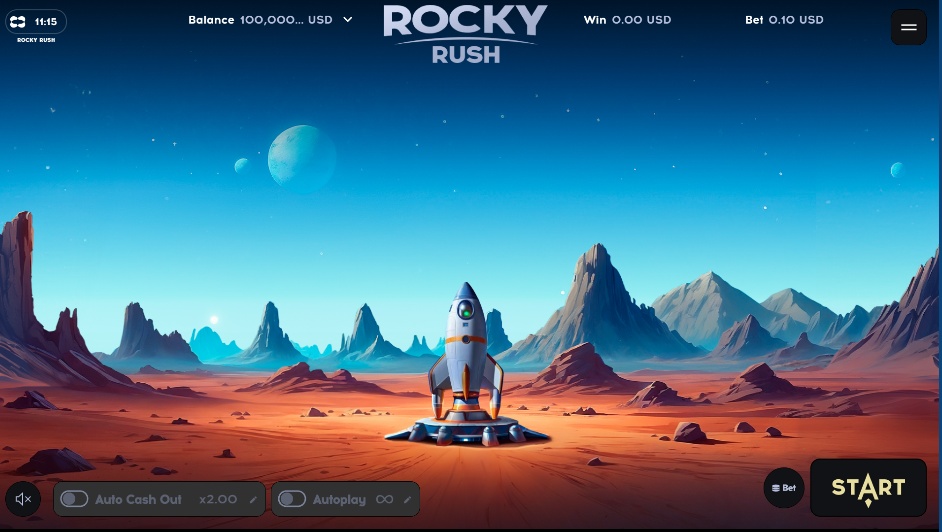 The main game screen of Rocky Rush demo, showing the rocket ready for launch on a red planet.