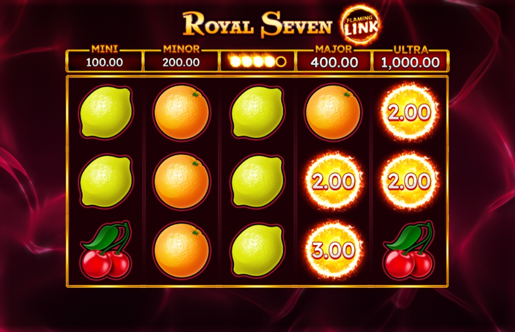 The base game grid of the Royal Seven Flaming Link slot, showing the classic fruit symbols on the 5x3 reel layout.