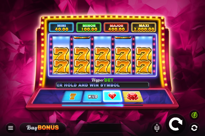 The main 5x3 game grid of the Ruby Heist Hold and Win slot, showcasing the jewel-themed symbols and HyperBET level selector.