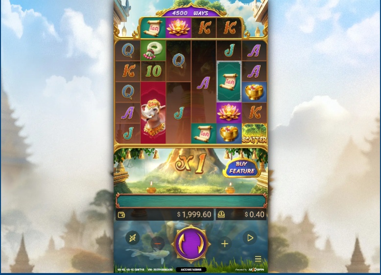 The base game grid of the Sacred Fortune slot, showing the 3-4-5-5-4-3 reel layout and Thai temple theme.