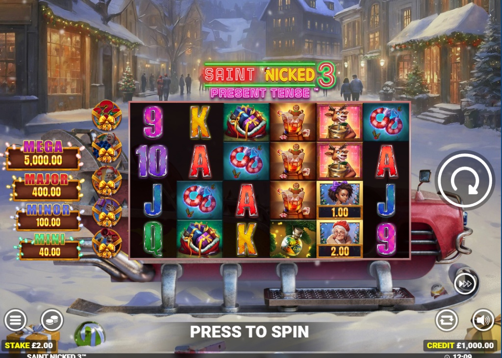 The main game grid of Saint Nicked 3 slot, showing the snowy town background and the 6x4 reel layout.
