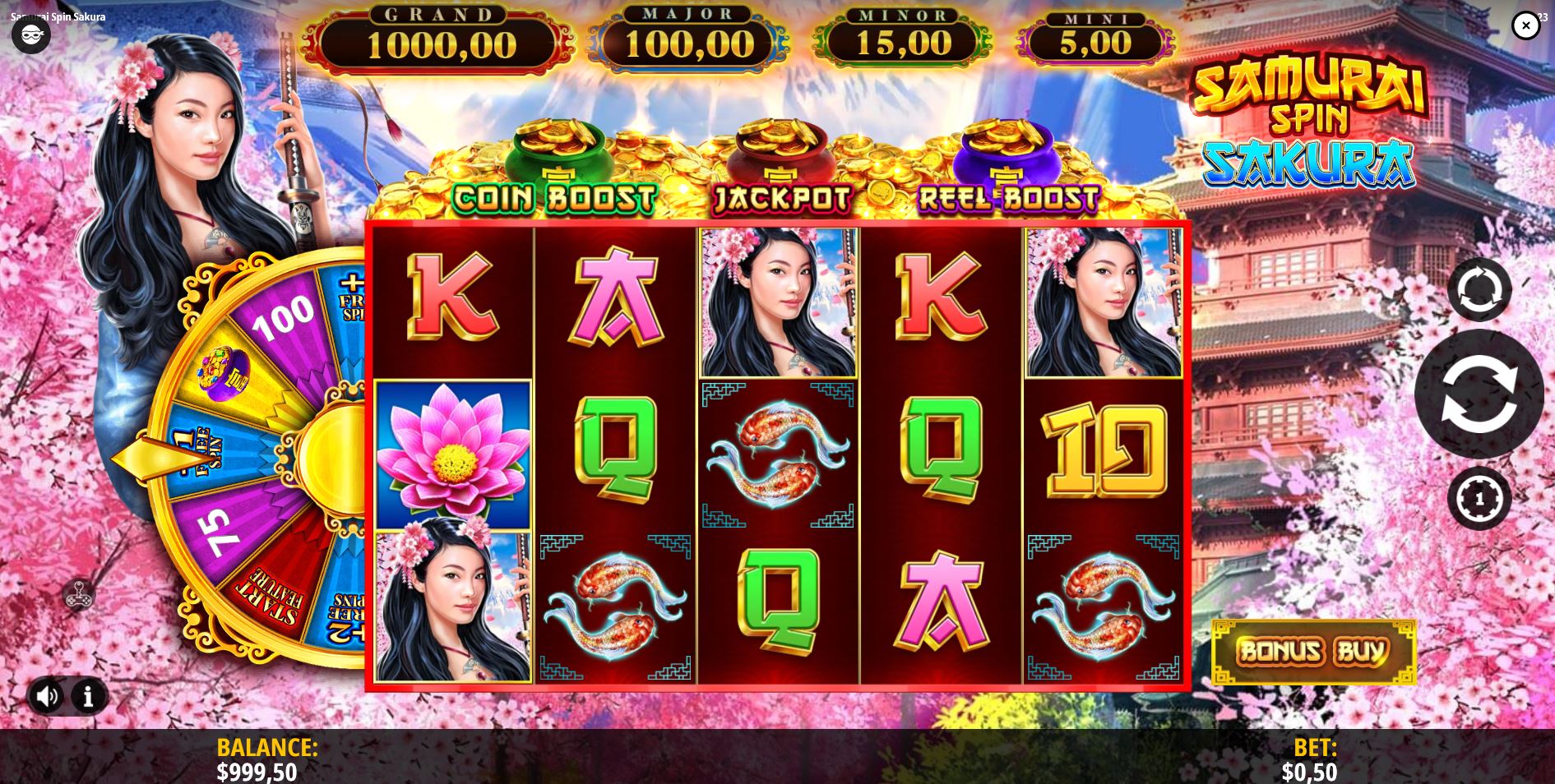 The base 5x3 game grid of Samurai Spin Sakura, showing the serene Japanese background and the three feature pots above the reels.