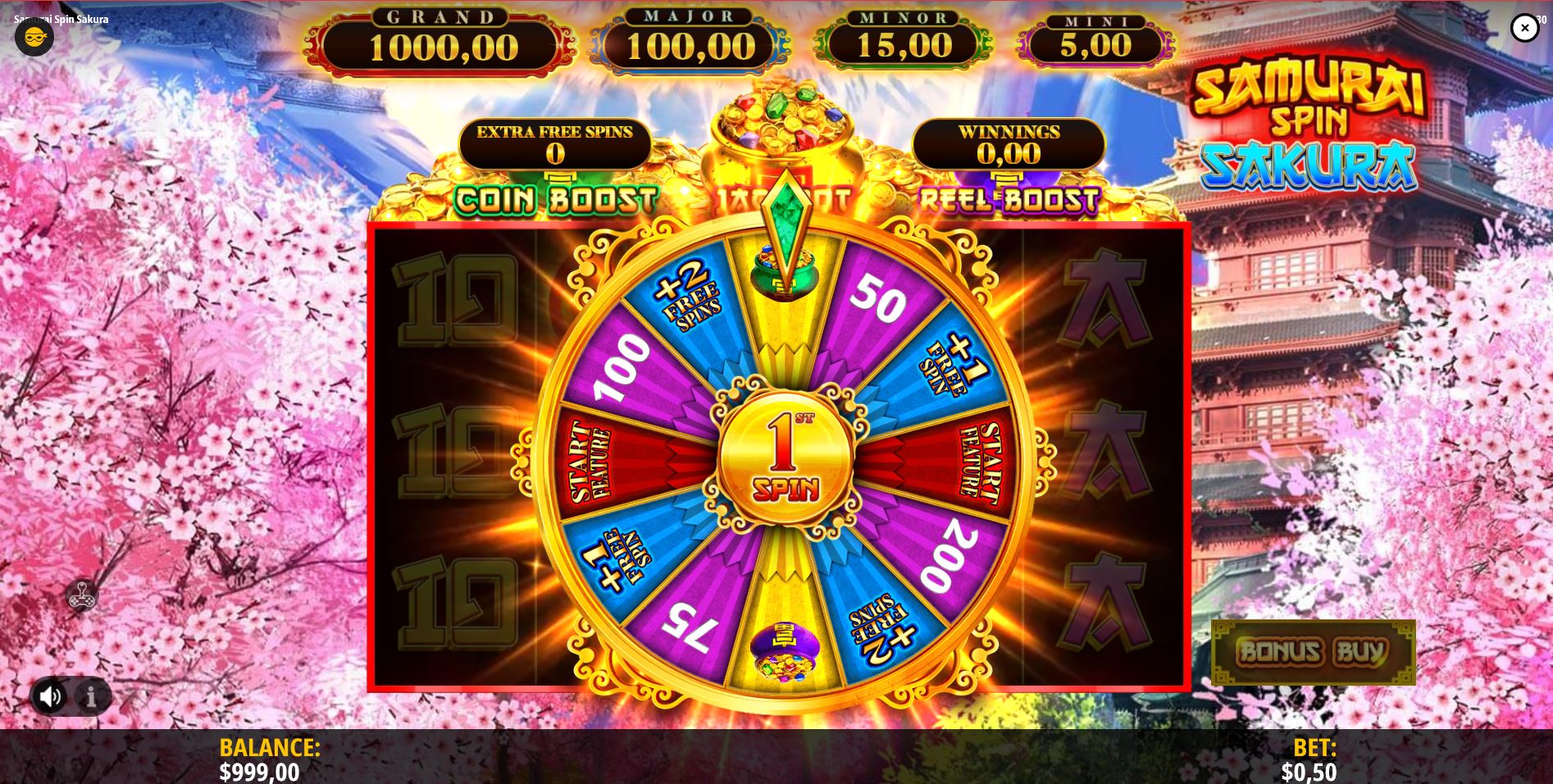 The Bonus Wheel feature in Samurai Spin Sakura, displaying sectors with cash wins, free spins, and feature triggers.