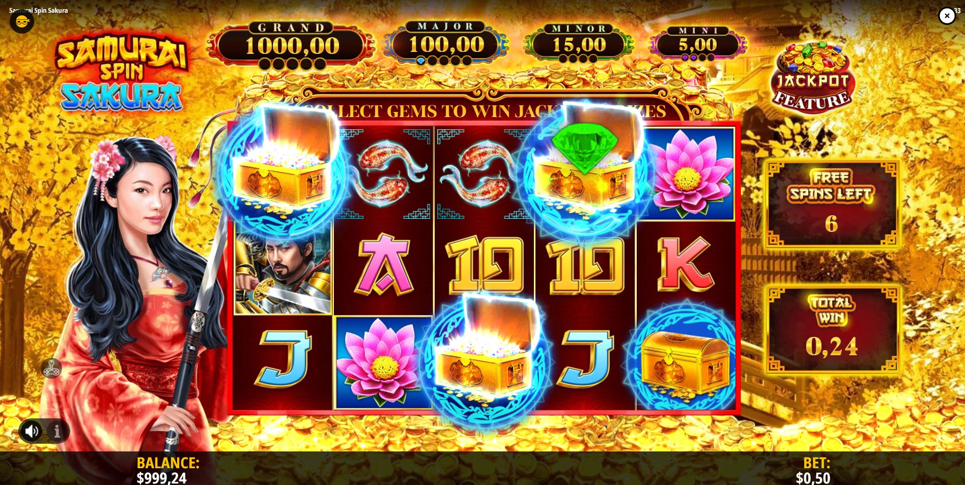 The Jackpot Feature in Samurai Spin Sakura, with treasure chests on the reels awarding gems towards the fixed jackpots meter.