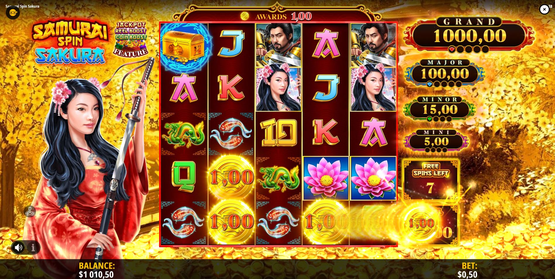 The potent Mega Feature in action in Samurai Spin Sakura, with an expanded grid and multiple bonus mechanics active at once.