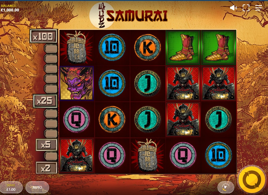 The main 5x4 game grid of the Samurai Wildz slot, showcasing the gritty, ink-wash art style and high-value symbols.