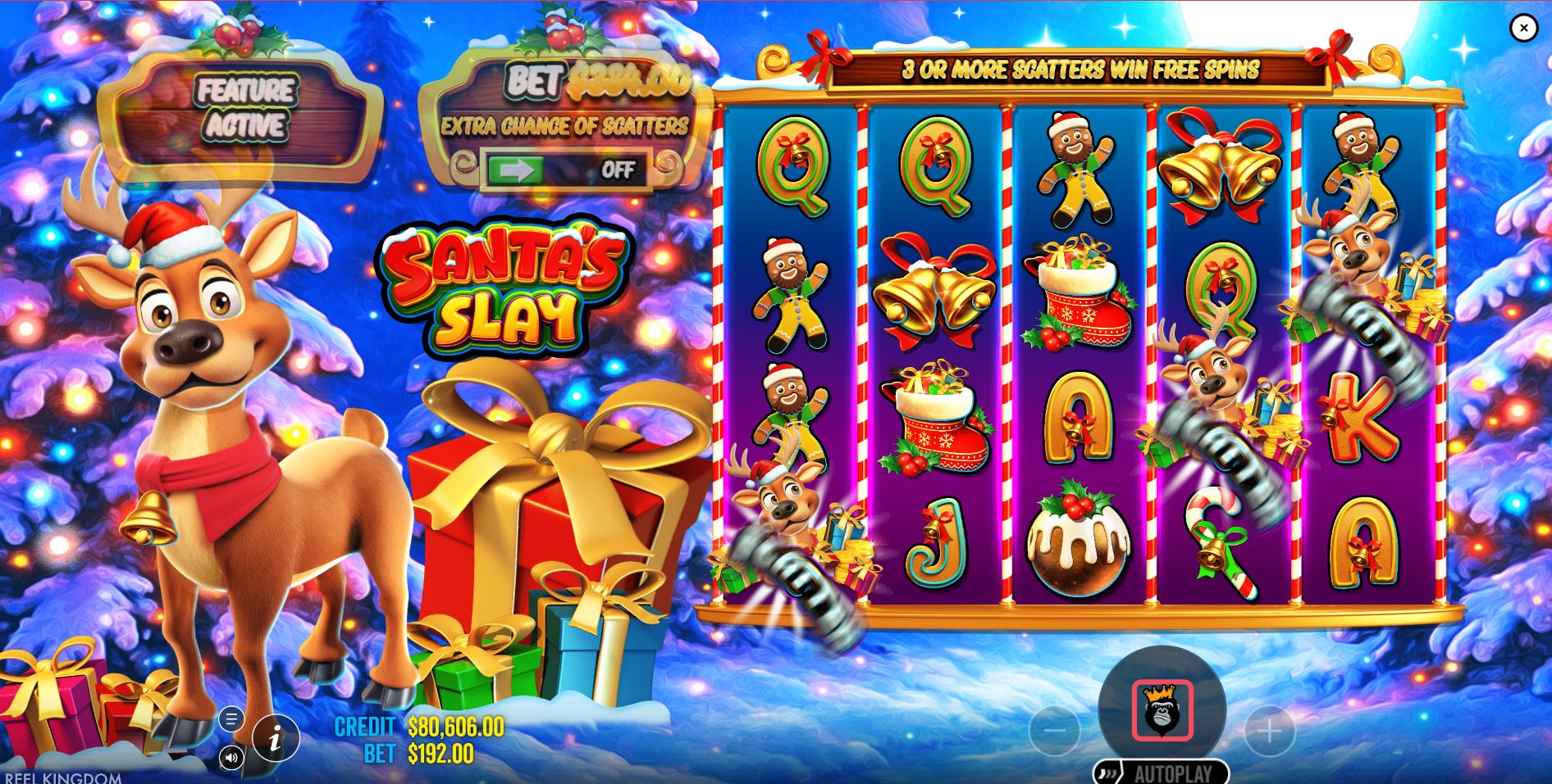 The moment the Free Spins feature is triggered in the Santa's Slay slot, with multiple Reindeer Scatter symbols landing across the spinning reels.
